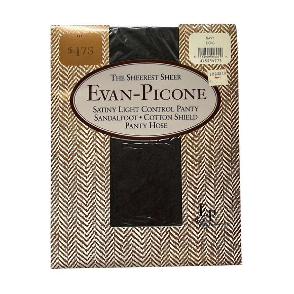 Evan-Picone Navy Long Satin Light Control Pantyhose Sandalfoot Cotton Shield - Picture 1 of 6